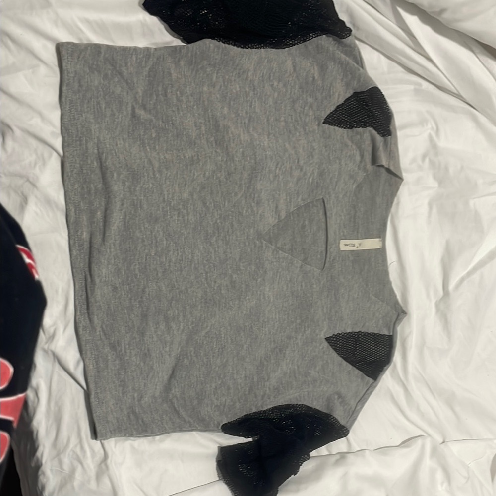 Gray and Black Mesh Sleeve Top